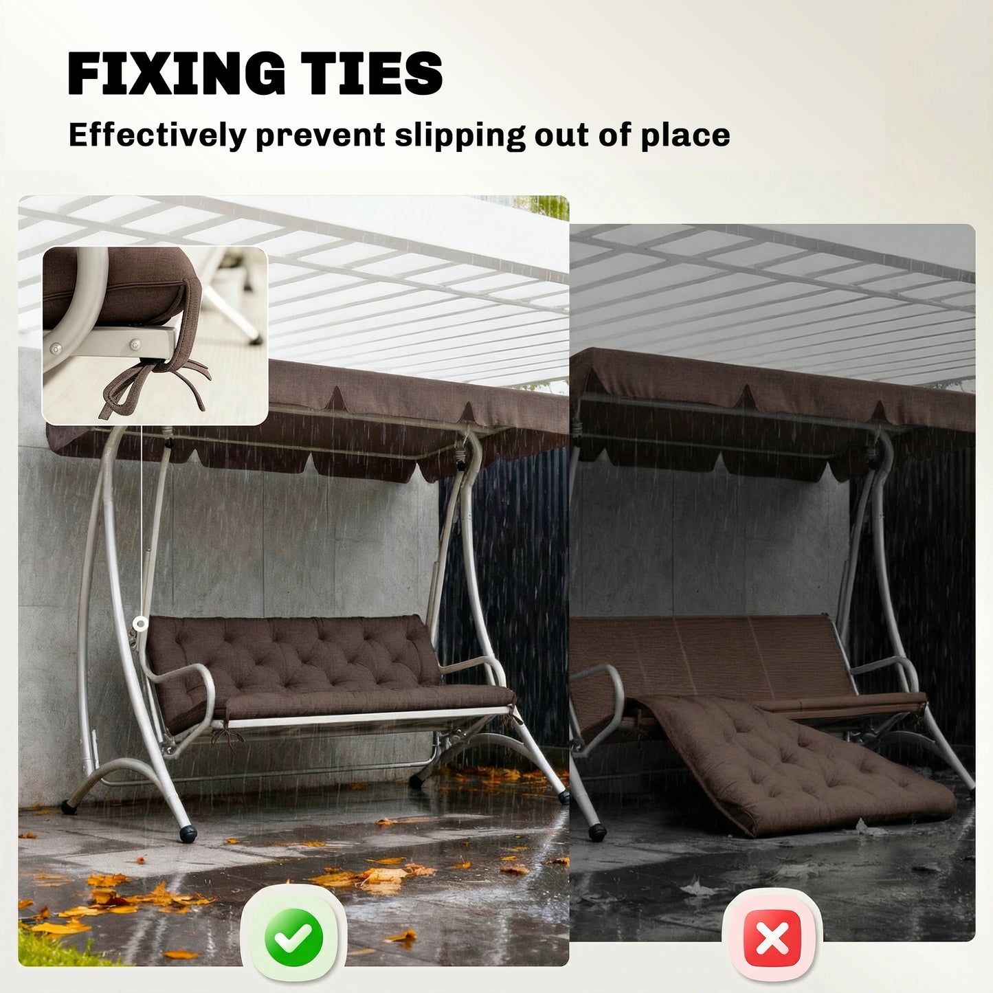 3-Seater Outdoor Bench Swing Chair Replacement Cushions for Patio Garden, Coffee