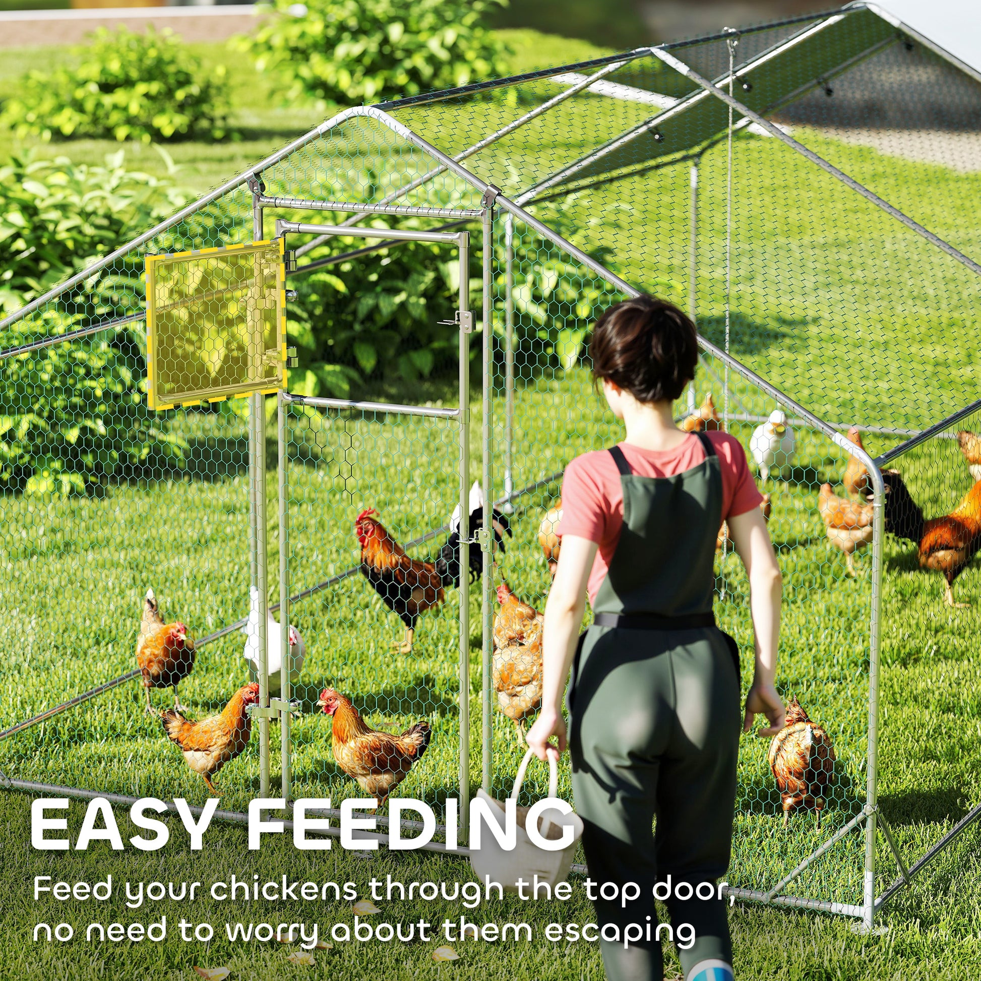 Large Metal Chicken Run with Waterproof & UV-Resistant Cover, Feeding Door, Hanging Feeder, Perch for 18-24 Chickens