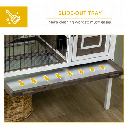 Rabbit Hutch Dual-Height Design Bunny House with Run Slide-Out Tray White and Coffee