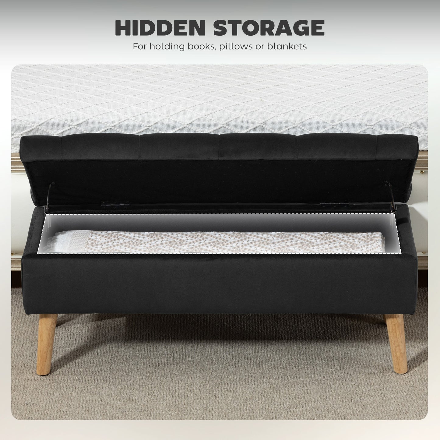 Storage Ottoman with Lid, Velvet Upholstered Storage Bench with Wood Legs for Living Room, Black