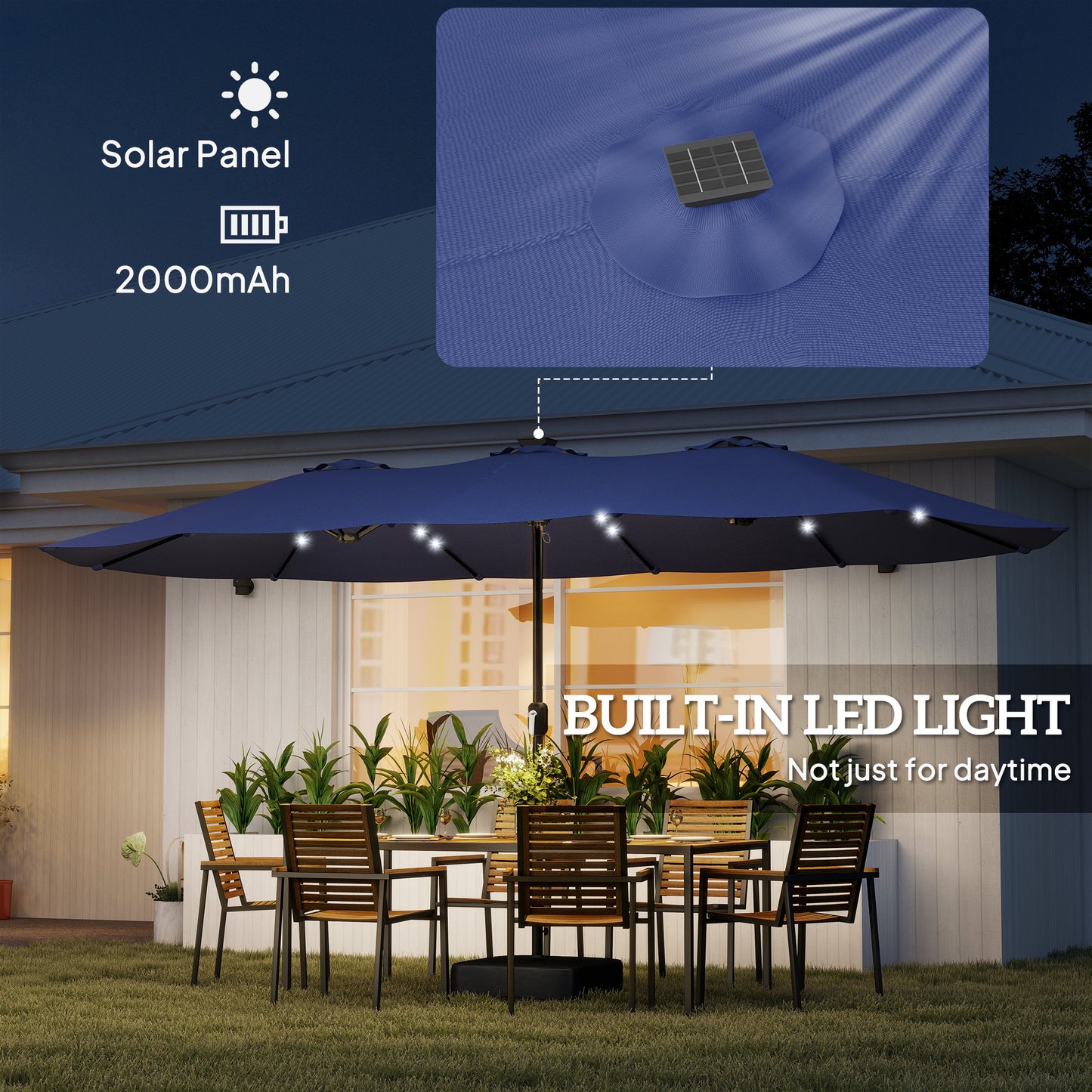 Double-sided Patio Umbrella with Base Included & 48 LED Lights 15ft Dark Blue