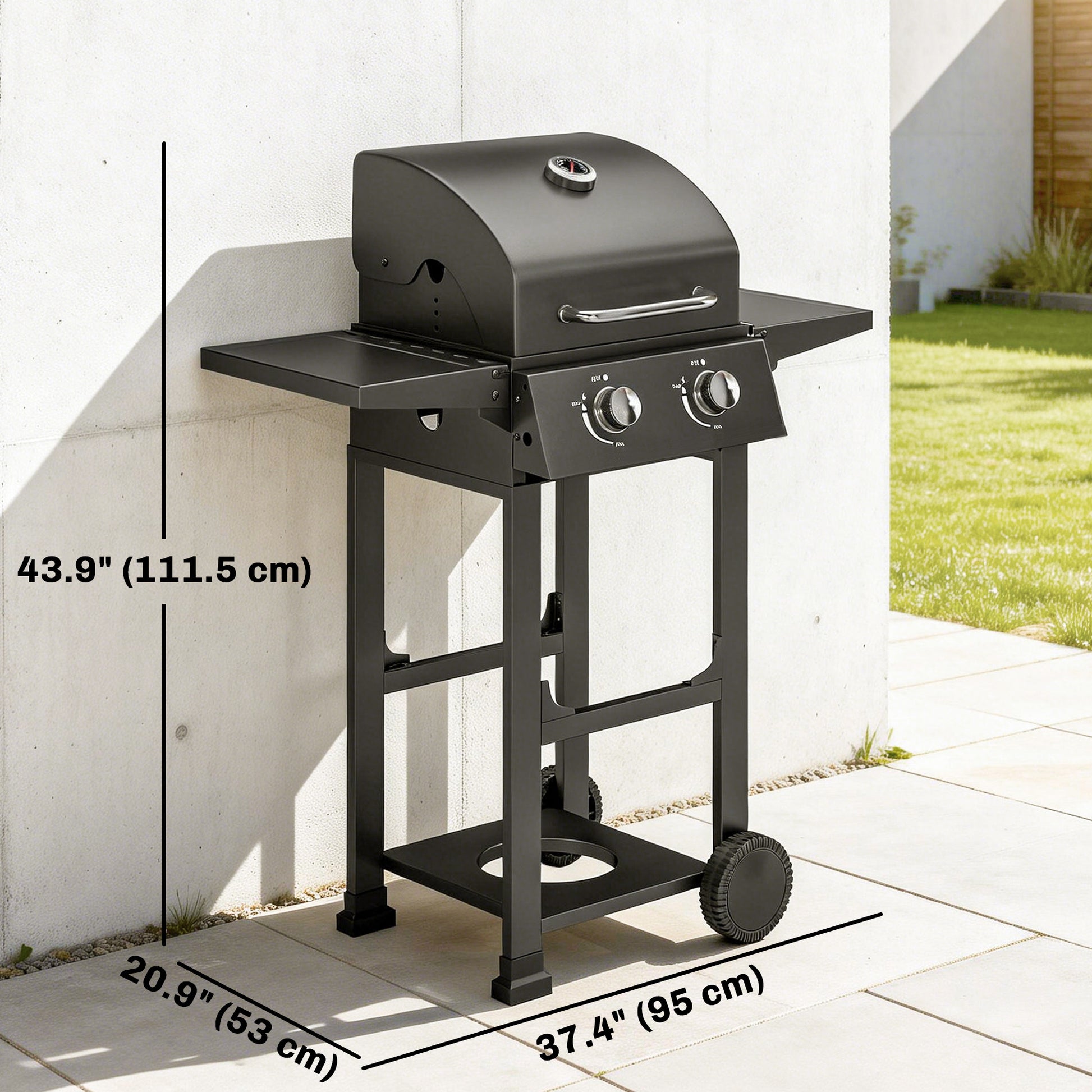 2 Burner Propane Gas Grill with Wheels, 18,400 BTU Portable BBQ Grill with Foldable Side Shelves, Warming Rack, Black