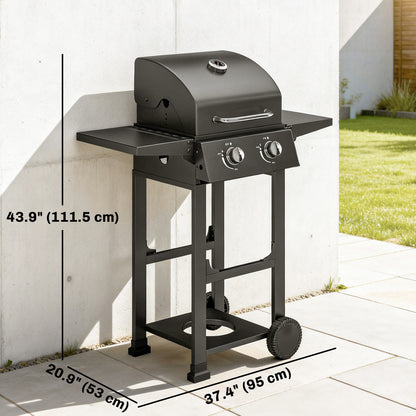 2 Burner Propane Gas Grill with Wheels, 18,400 BTU Portable BBQ Grill with Foldable Side Shelves, Warming Rack, Black