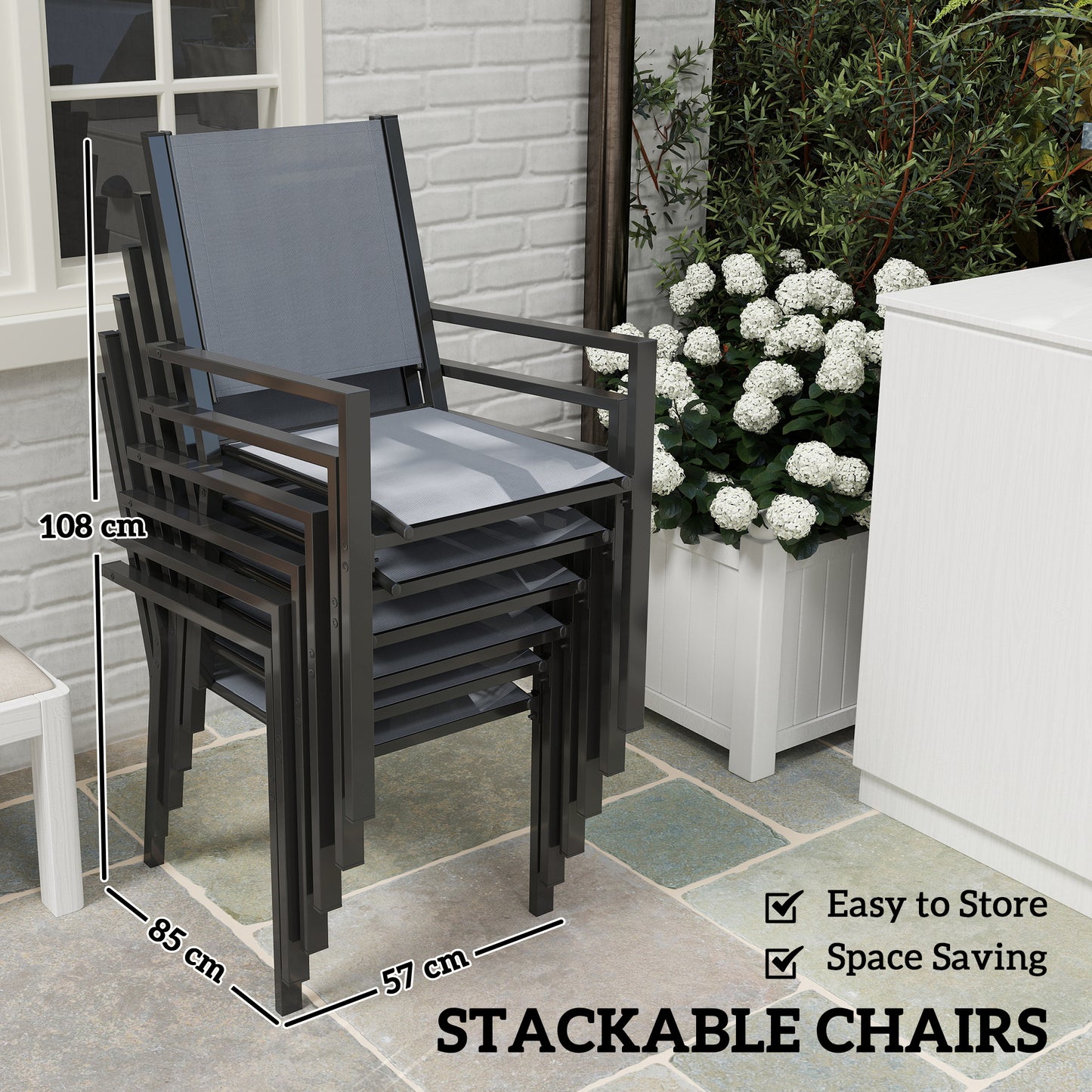 7 Piece Outdoor Dining Set with 6 Stackable Chairs, Rectangle Table, WPC Slatted Top, Rust-Resistant Steel Frame