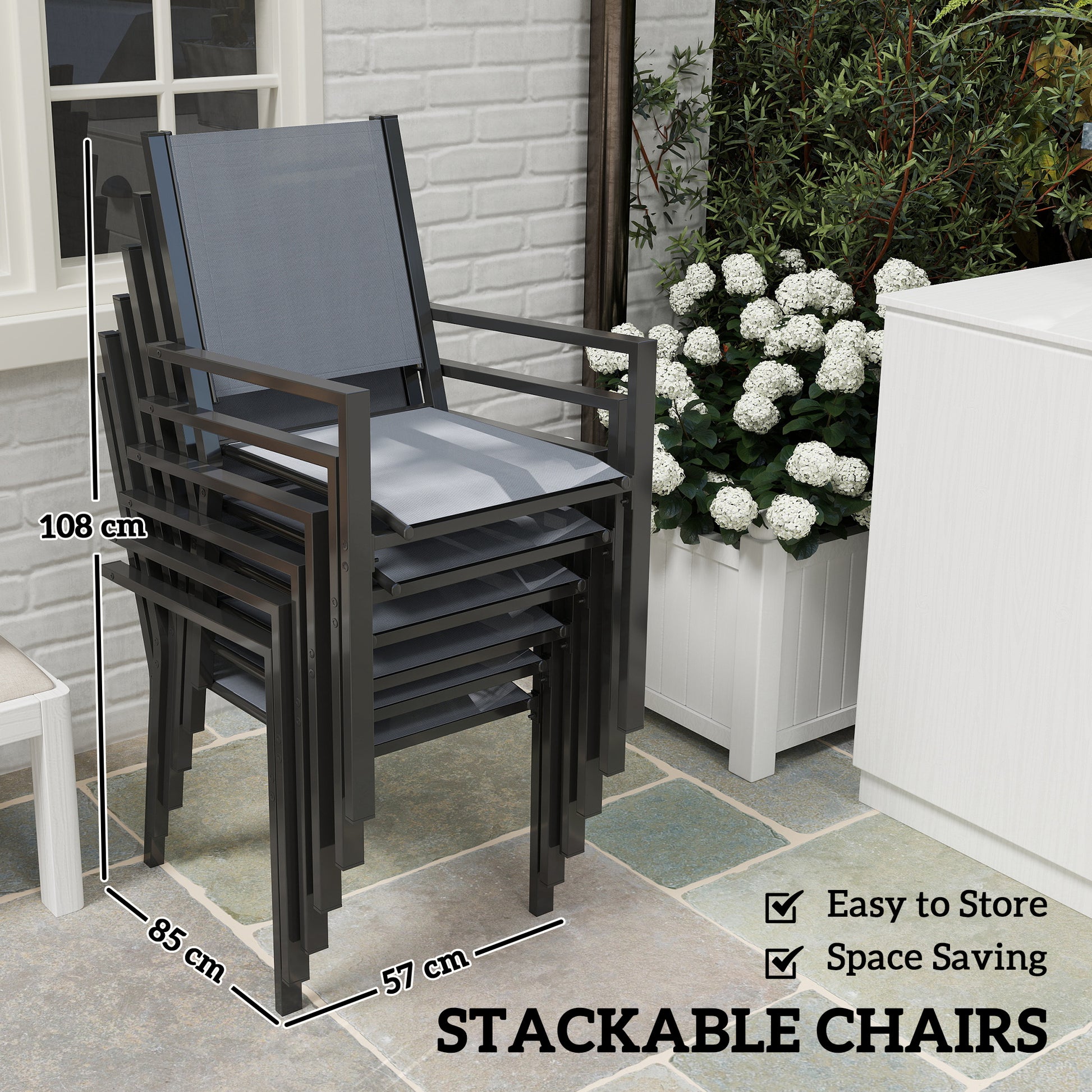 7 Piece Outdoor Dining Set with 6 Stackable Chairs, Rectangle Table, WPC Slatted Top, Rust-Resistant Steel Frame