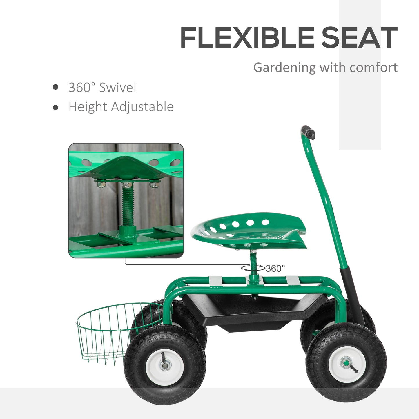 Garden Scooter, Rolling Cart with Swivel and Adjustable Seat, Tool Tray, Bucket Basket, Green and Black