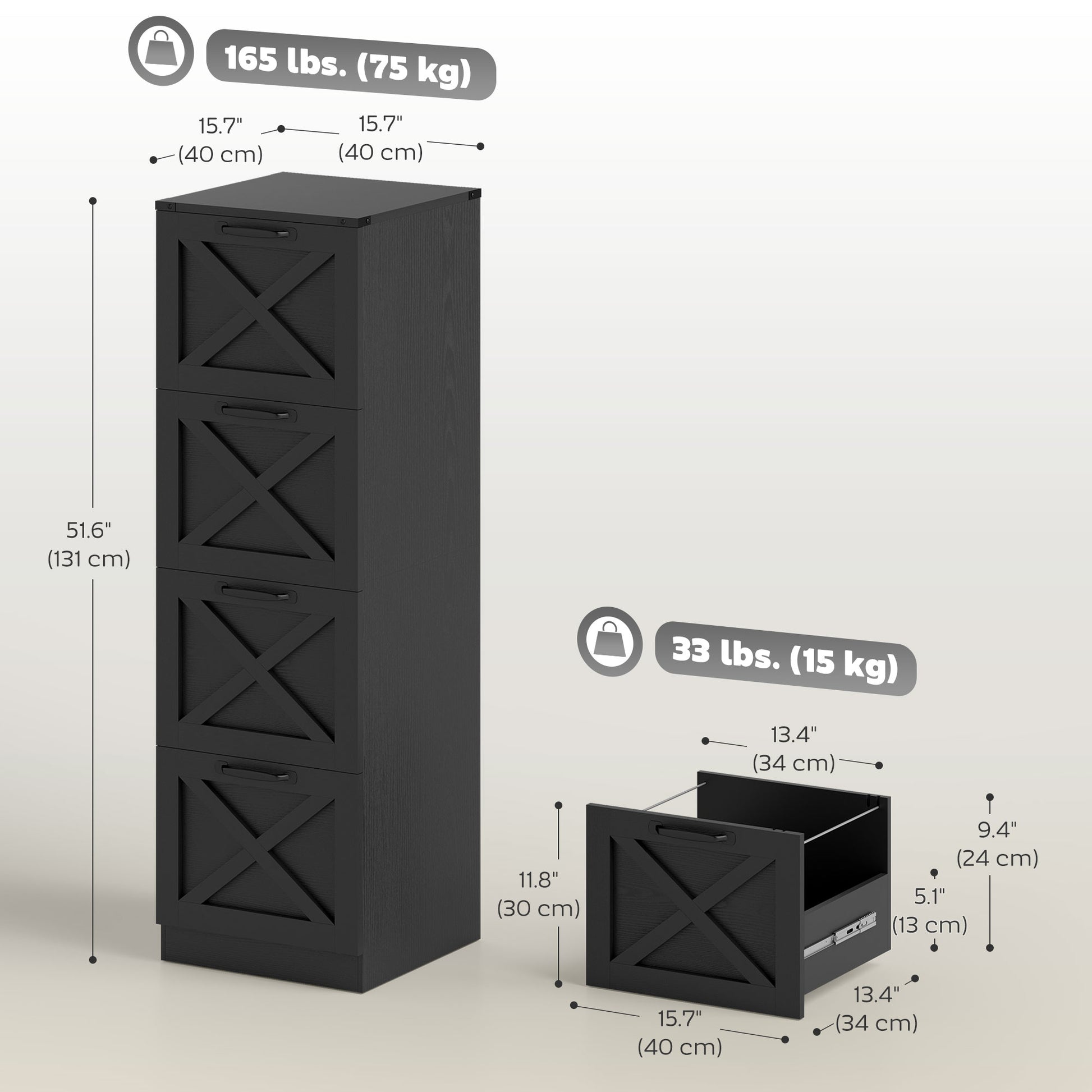4 Drawer File Cabinet with Silent Slides, Vertical Farmhouse Filing Cabinet Fits Letter/A4 Size Home Office, Black