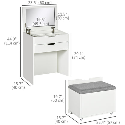 Vanity Set with Flip Top Mirror, Makeup Vanity Desk with Stool, Dressing Table with Drawer and 7 Compartments, White