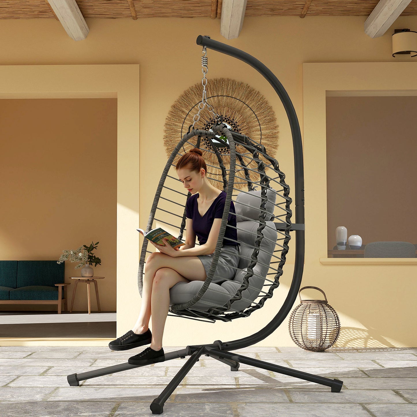 Hanging Egg Chair with Stand, Foldable Wicker Rattan Swing Chair with Thick Cushion, Headrest, Light Grey