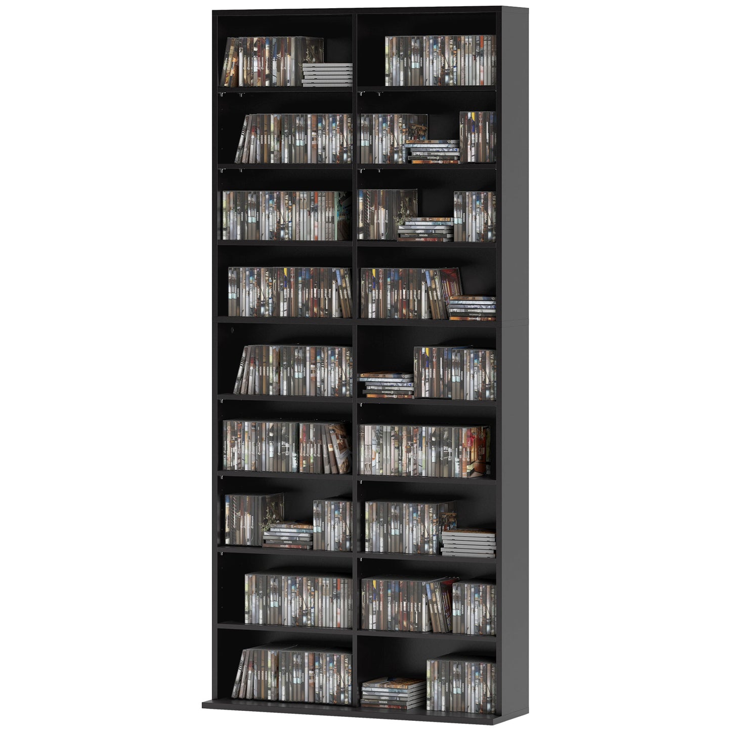 9-Tier DVD Shelf with 18 Compartments and 14 Adjustable Shelves, Holds 640 CDs, 360 DVDs or 430 Blu-rays, Black