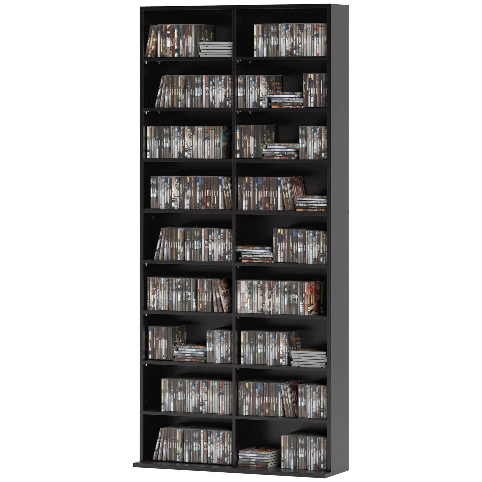 9-Tier DVD Shelf with 18 Compartments and 14 Adjustable Shelves, Holds 640 CDs, 360 DVDs or 430 Blu-rays, Black