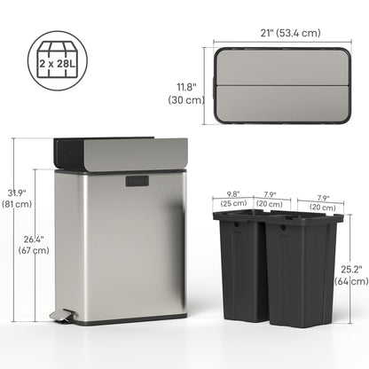 Dual Trash Can with Soft-Close Lid, Garbage Can with Removable Inner Bucket for Kitchen 14.8gal, Silver