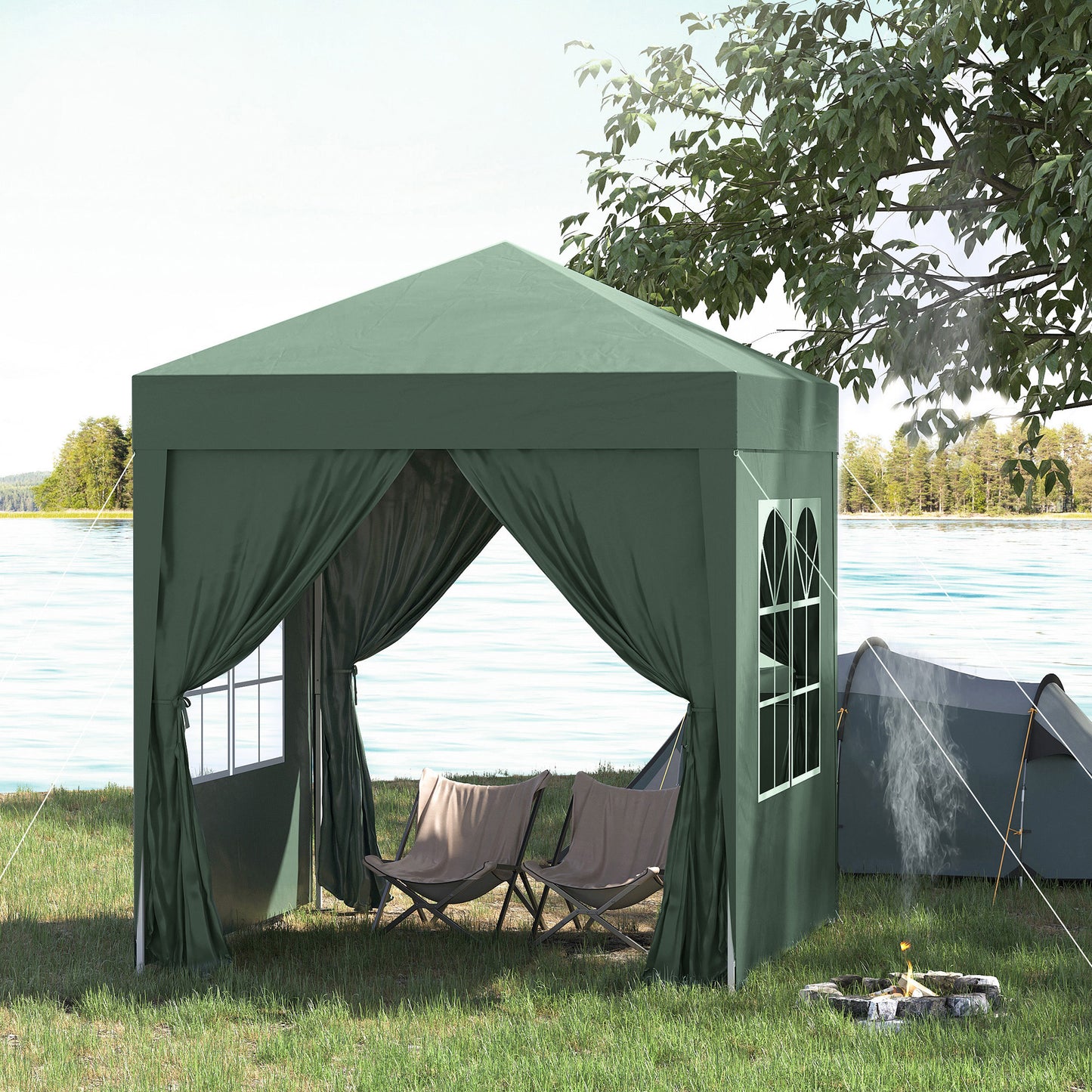 6.6'x6.6' Pop Up Canopy Tent with Sidewalls, Instant Sun Shelter Camping Gazebo with Carry Bag, for Outdoor, Garden, Patio, Green