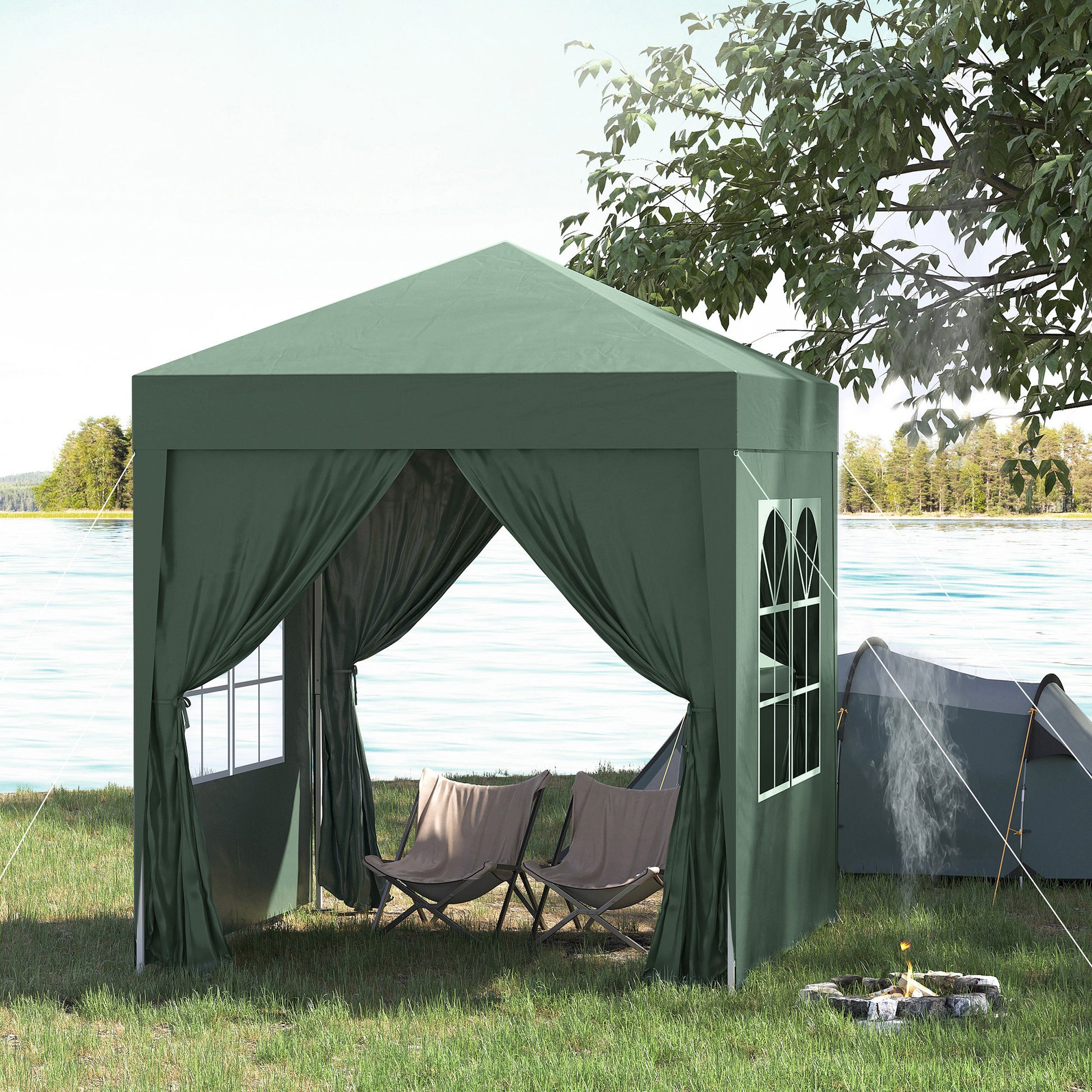 6.6'x6.6' Pop Up Canopy Tent with Sidewalls, Instant Sun Shelter Camping Gazebo with Carry Bag, for Outdoor, Garden, Patio, Green
