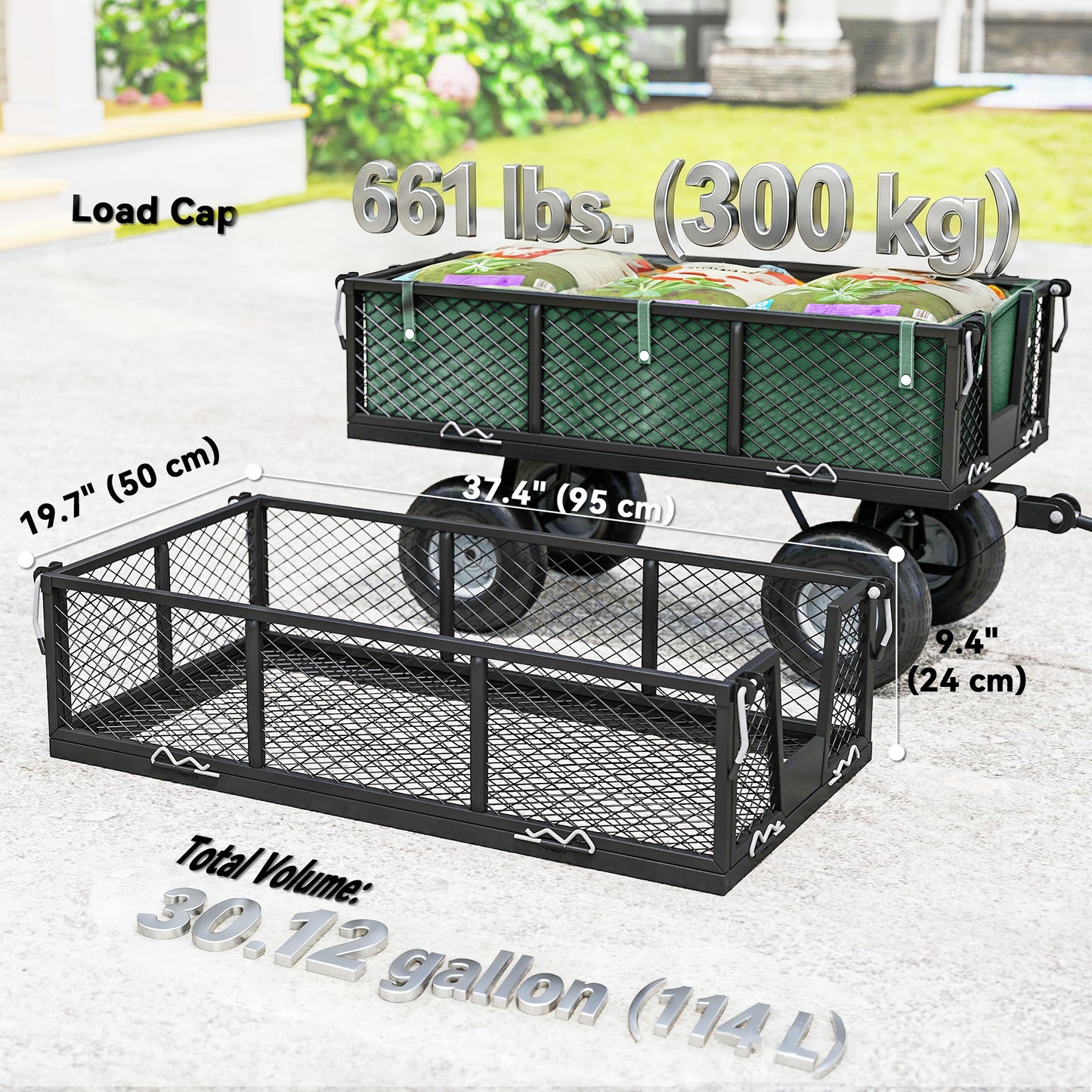 Steel Garden Cart, Utility Wagon Cart with Removable Liner, Quick-Release Sides, 10" Wheels, 660lbs Capacity, Green