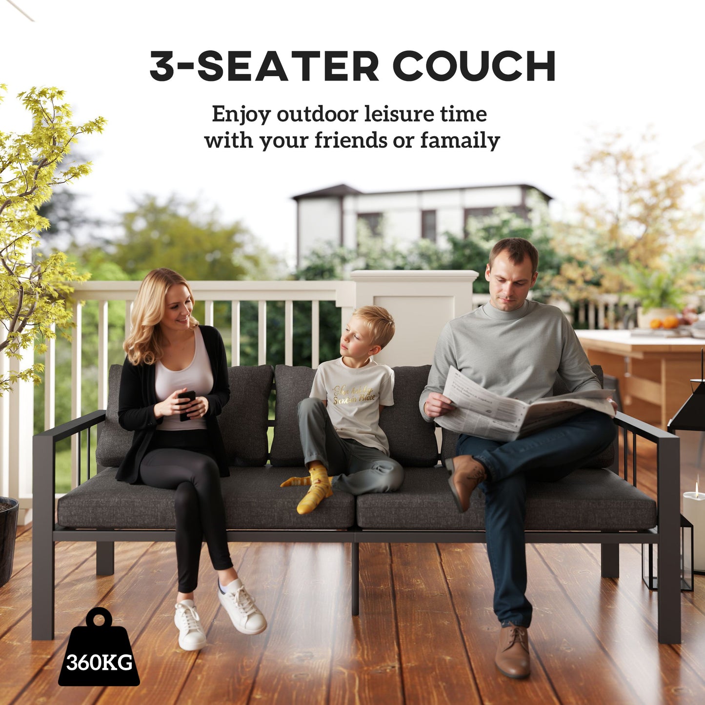 3-Seat Aluminum Outdoor Couch Patio Sofa with Cushions, Wide Seat, Armrests for Garden, Backyard, Balcony, Dark Grey