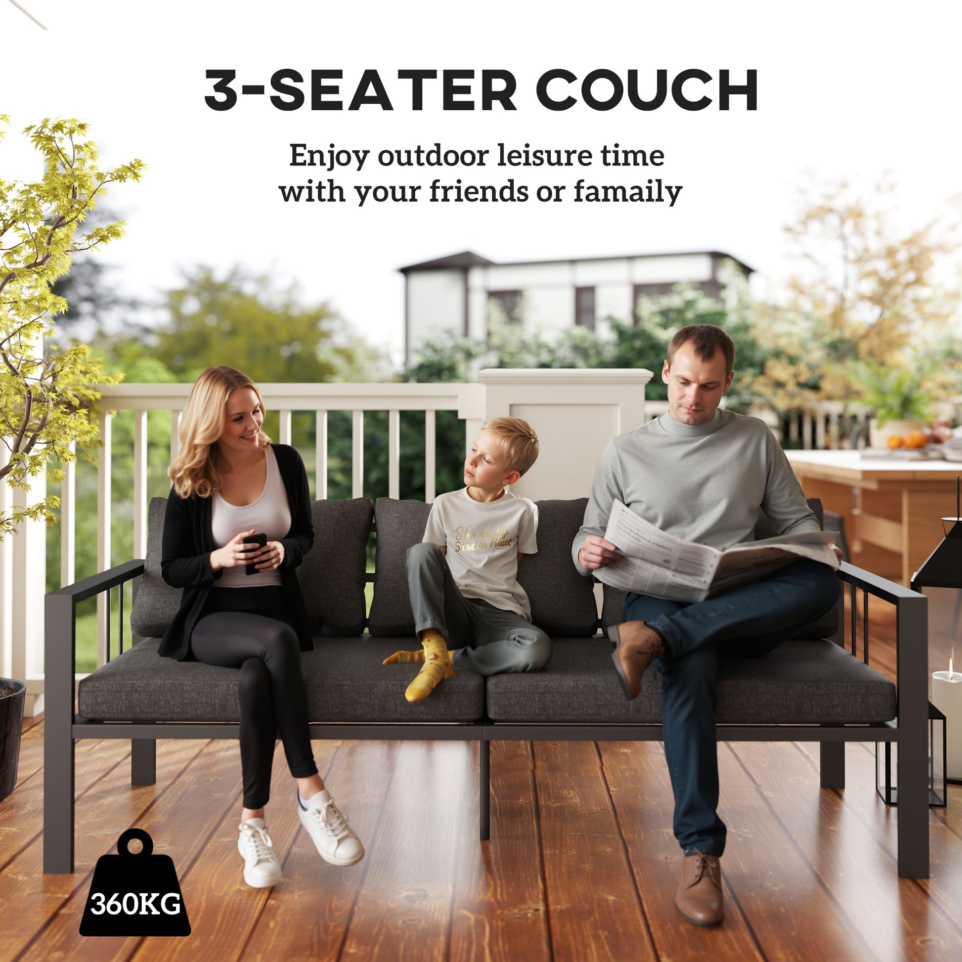 3-Seat Aluminum Outdoor Couch Patio Sofa with Cushions, Wide Seat, Armrests for Garden, Backyard, Balcony, Dark Grey
