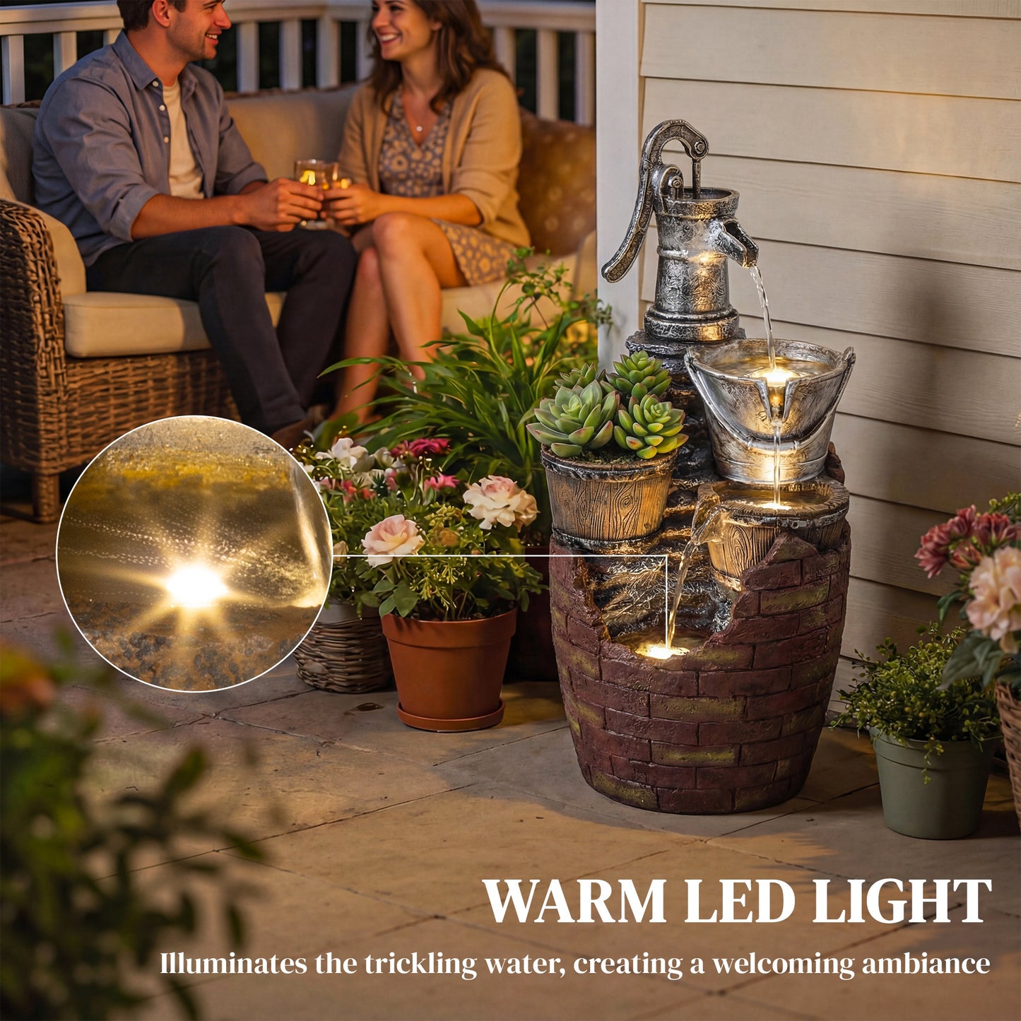 4-Tier Outdoor Fountain with Planter, Cascading Waterfall Feature with LED Lights, Rustic Brown and Grey