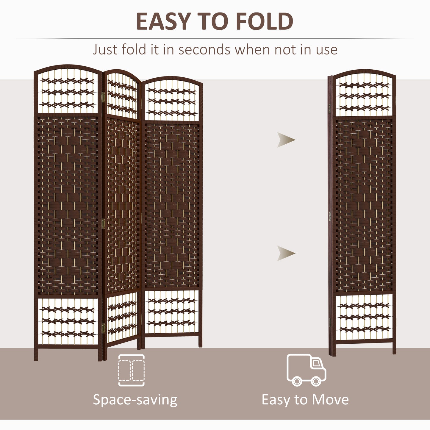 3 Panel Folding Room Divider, Portable Privacy Screen, Wave Fiber Room Partition for Home Office, Brown