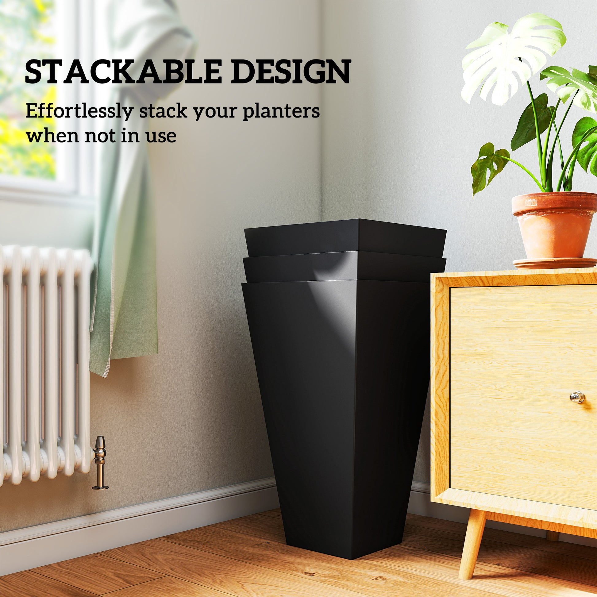 28" Tall Garden Plastic Planters, Outdoor and Indoor Flower Pots, Set of 3 for Entryway, Patio, Yard, Black