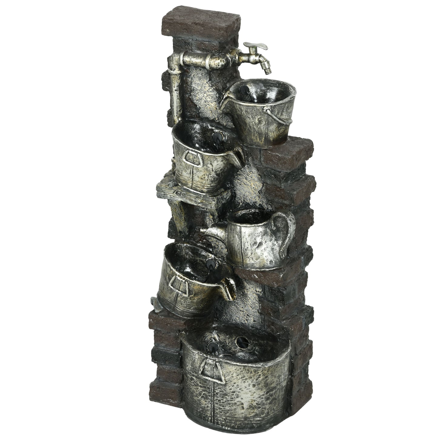 5-Tiered Faucet & Barrel Outdoor Water Fountain with LED Lights, Adjustable Flow, 39.4-inch Resin Waterfall Fountain