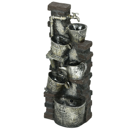 5-Tiered Faucet & Barrel Outdoor Water Fountain with LED Lights, Adjustable Flow, 39.4-inch Resin Waterfall Fountain