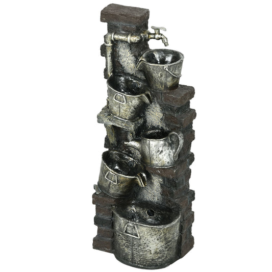 5-Tiered Faucet & Barrel Outdoor Water Fountain with LED Lights, Adjustable Flow, 39.4-inch Resin Waterfall Fountain