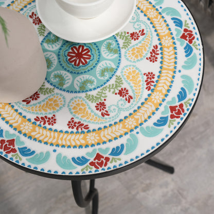 Mosaic Patio Table, Round Coffee Table with Metal Frame, Garden Furniture for Outdoor, Poolside, Multicolor
