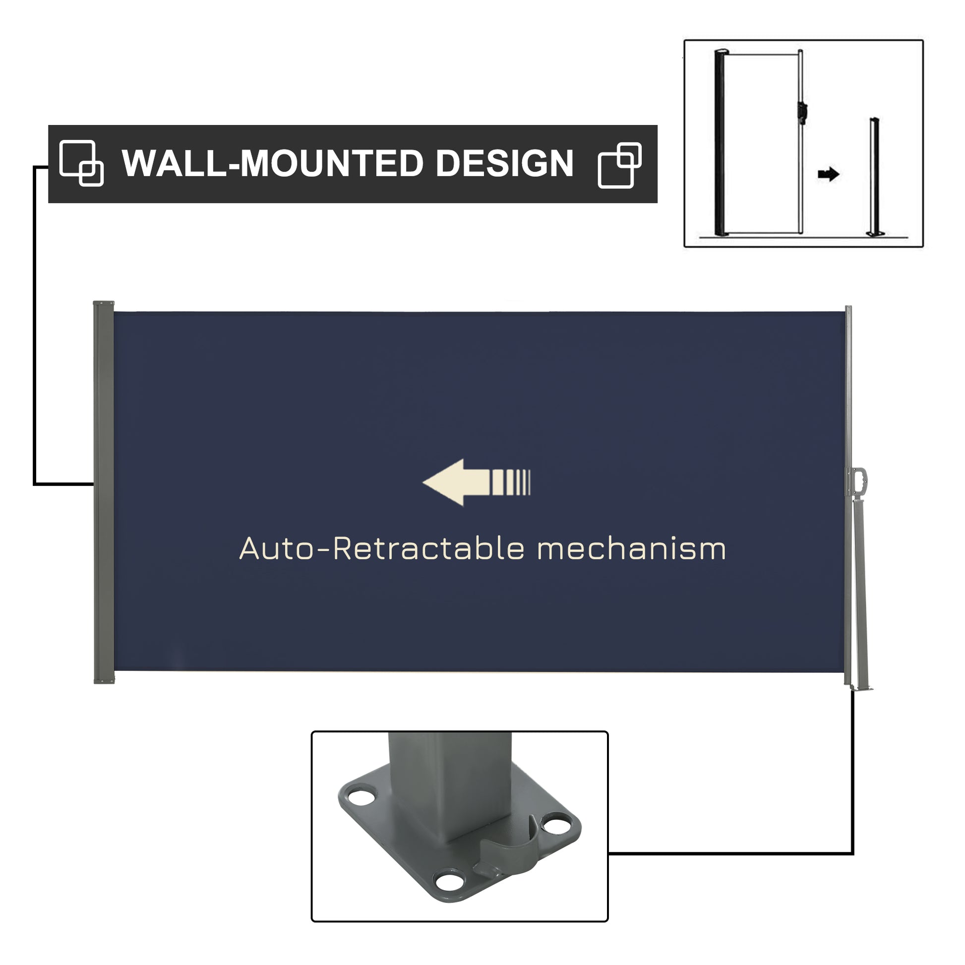 118" x 63" Outdoor Folding Privacy Screen Retractable Side Awning Patio with Resistance to UV Rays and Wind Dark Blue