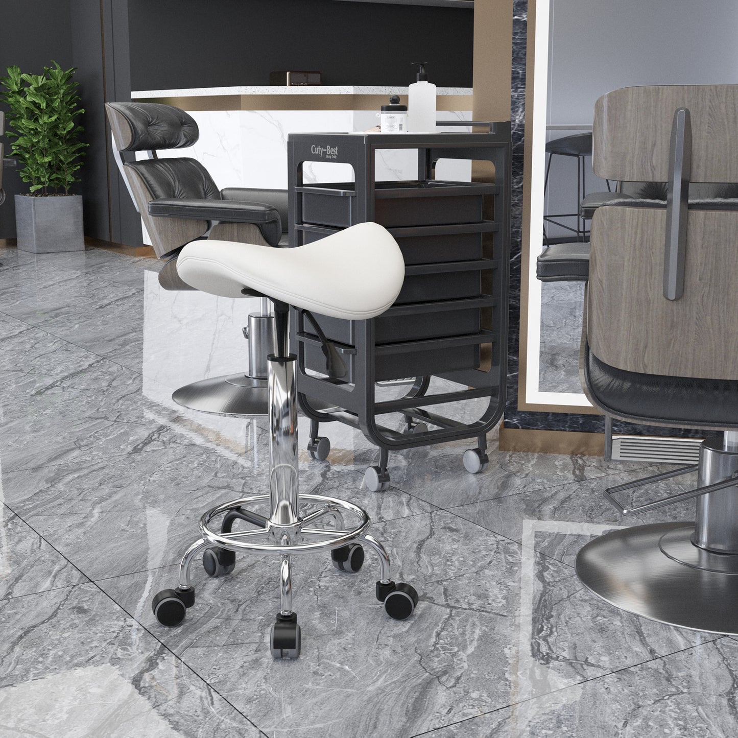 Saddle Stool, PU Leather Adjustable Rolling Salon Chair for Massage, Spa, Clinic, Beauty and Tattoo, White