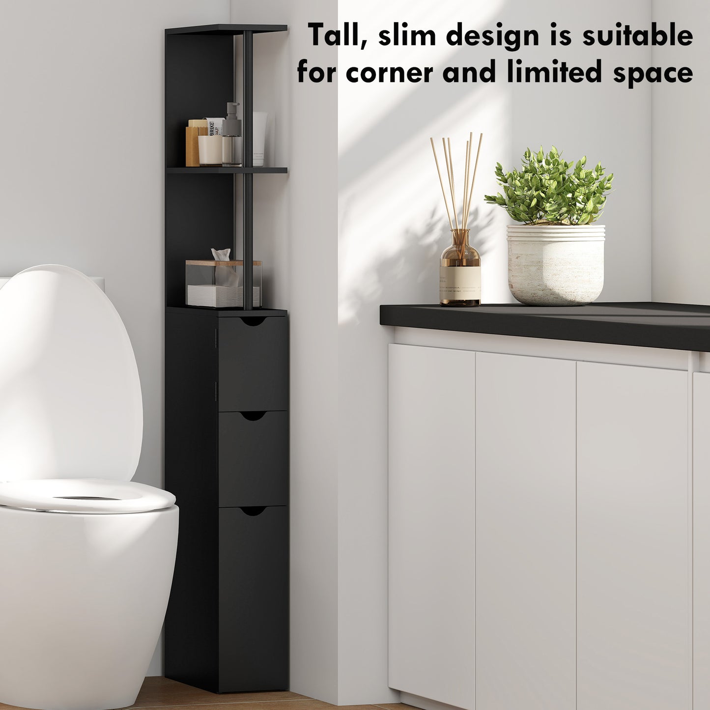Tall Bathroom Storage Cabinet, Narrow Bathroom Cabinet with Drawers and Open Shelves for Small Spaces, Black
