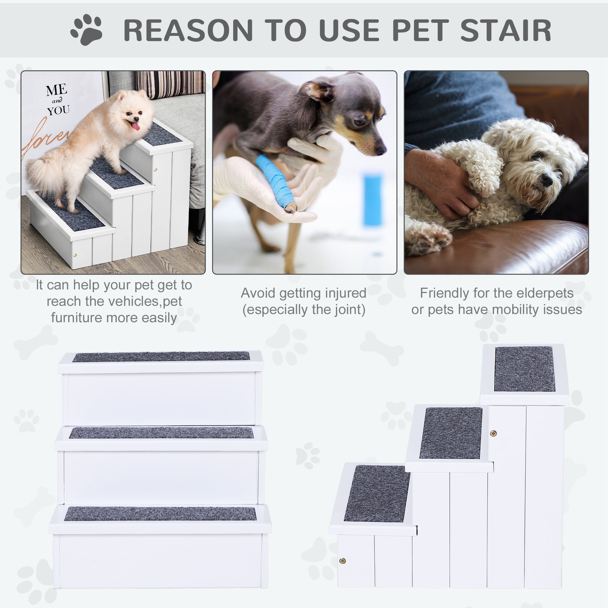 Pet Steps 3-Step Dog Stairs for Small Dogs Cats and Wooden Ramp with Storage Box Carpet Tread, White