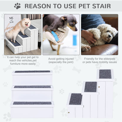 Pet Steps 3-Step Dog Stairs for Small Dogs Cats and Wooden Ramp with Storage Box Carpet Tread, White