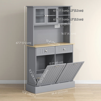 Kitchen Cabinet with Charging Station, 2 Tilt Out Cabinets, Microwave Stand, Freestanding Kitchen Pantry Cabinet, Grey