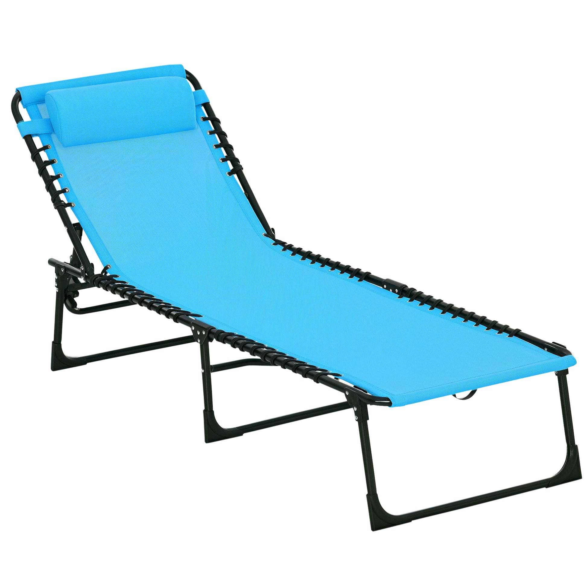Outdoor Folding Lounge Chair, 4-Level Adjustable Chaise Lounge with Headrest, Tanning Chair Beach Bed, Reclining Lounger Cot for Camping, Hiking, Backyard, Sky Blue