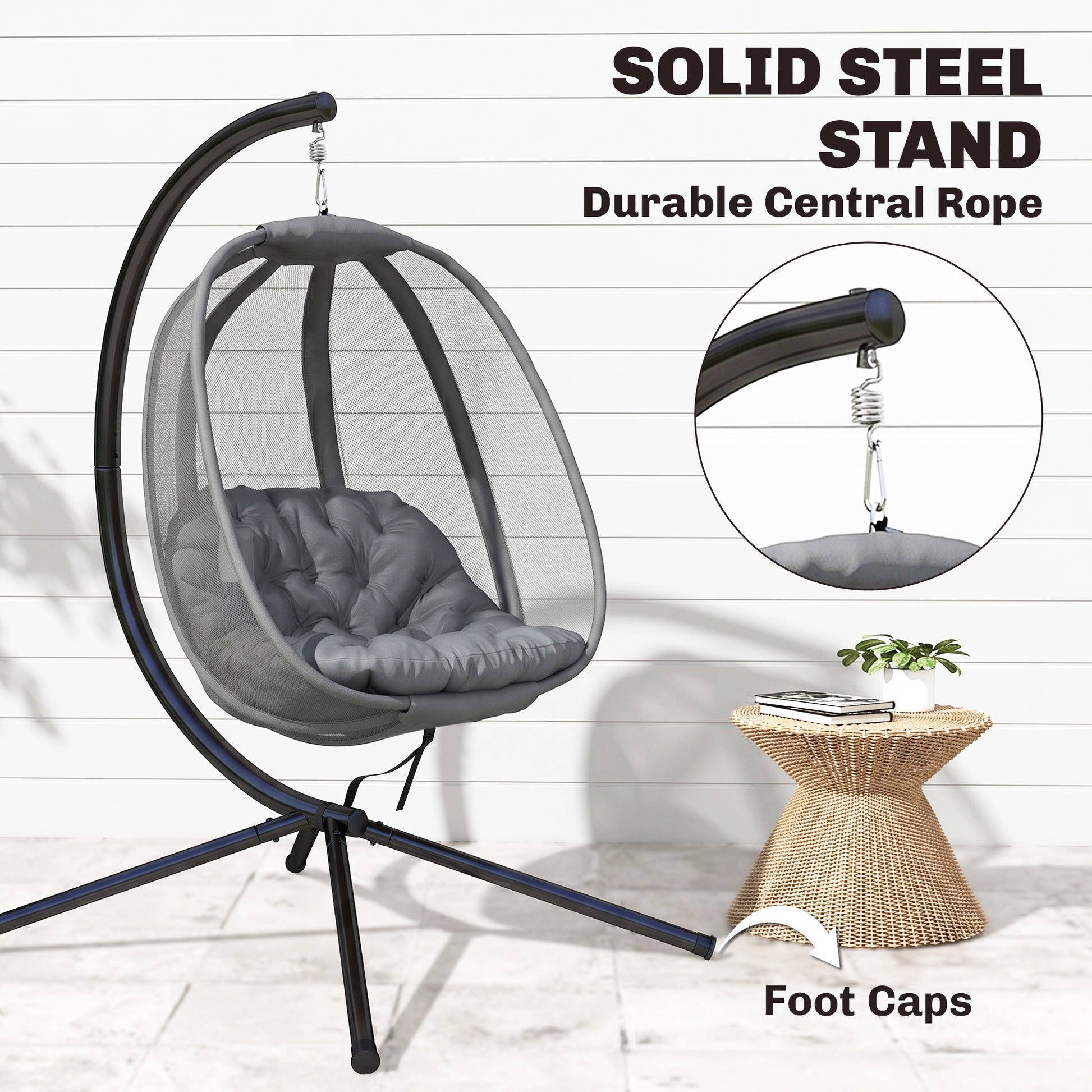 Hanging Egg Chair, Outdoor Indoor Swing Chair with Stand, Folding Basket and Thickened Cushion, Grey
