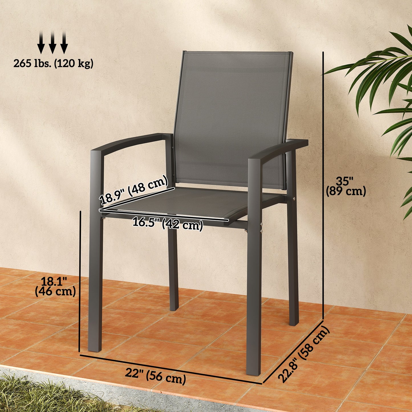 Set of 2 Outdoor Stackable Garden Dining Chairs, Patio Chairs with Breathable Fabric Seat, Armrests and Backrest for Patio, Balcony and Backyard, Dark Grey