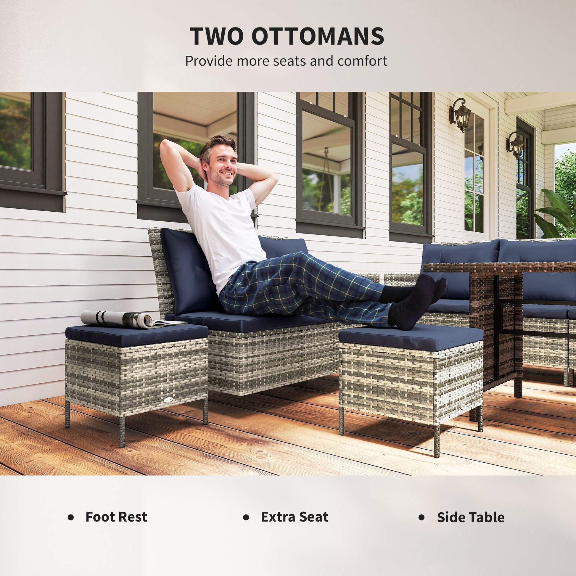 6pcs Outdoor Rattan Sofa Set Garden Wicker Sectional Couch Furniture Set with Dining Table and Chair Deep Blue