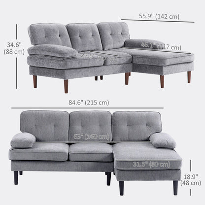 Modern Corner Couch with Right Chaise Lounge, Tufted 3-Seater Sofa with Wooden Legs for Living Room, Grey