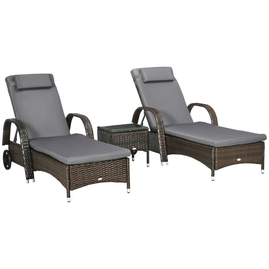 3 Pieces Wicker Patio Lounger Set with Table, PE Rattan Outdoor Lounge Chair Set with Cushions, Wheels, 5-Level Reclining Backrest, Headrest, Brown/Dark Grey
