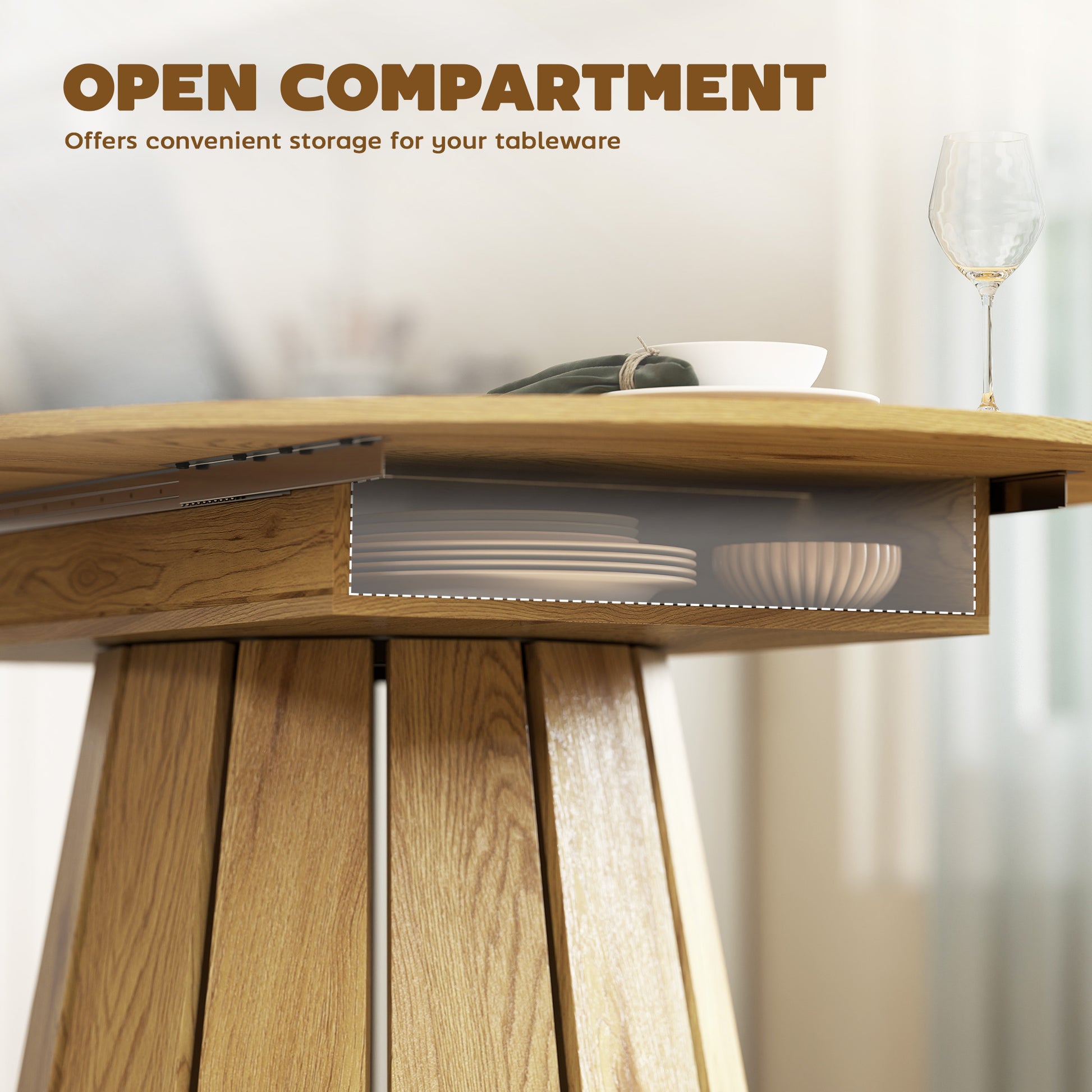 Extendable Dining Table, Round to Oval Convertible Kitchen Table with Storage Shelf for Dining Room, Natural