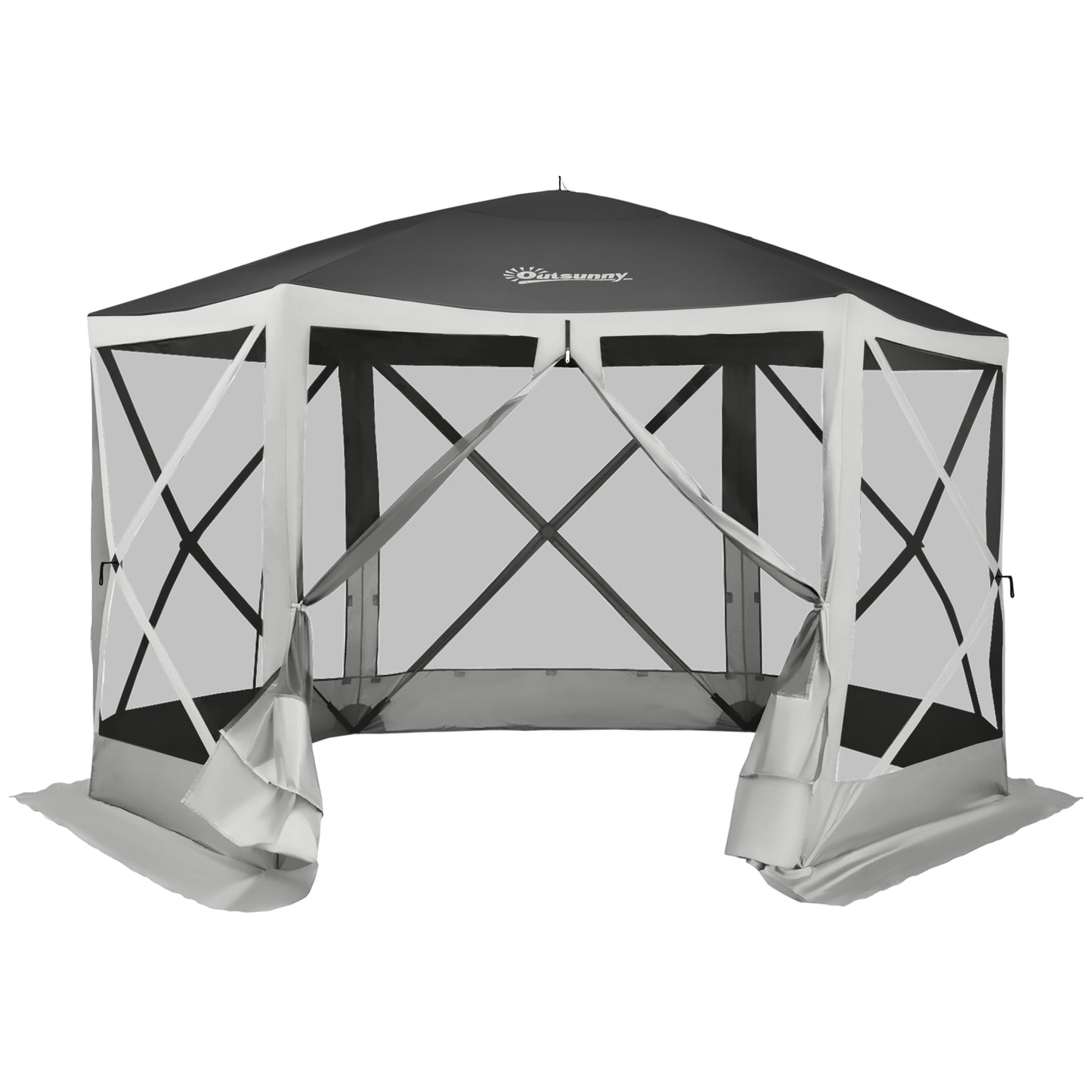 12' x 12' Hexagon Automatic Pop Up Screen Tents Camping Shelter Picnic Canopy with Mesh Sidewalls and Carry Bag, Grey