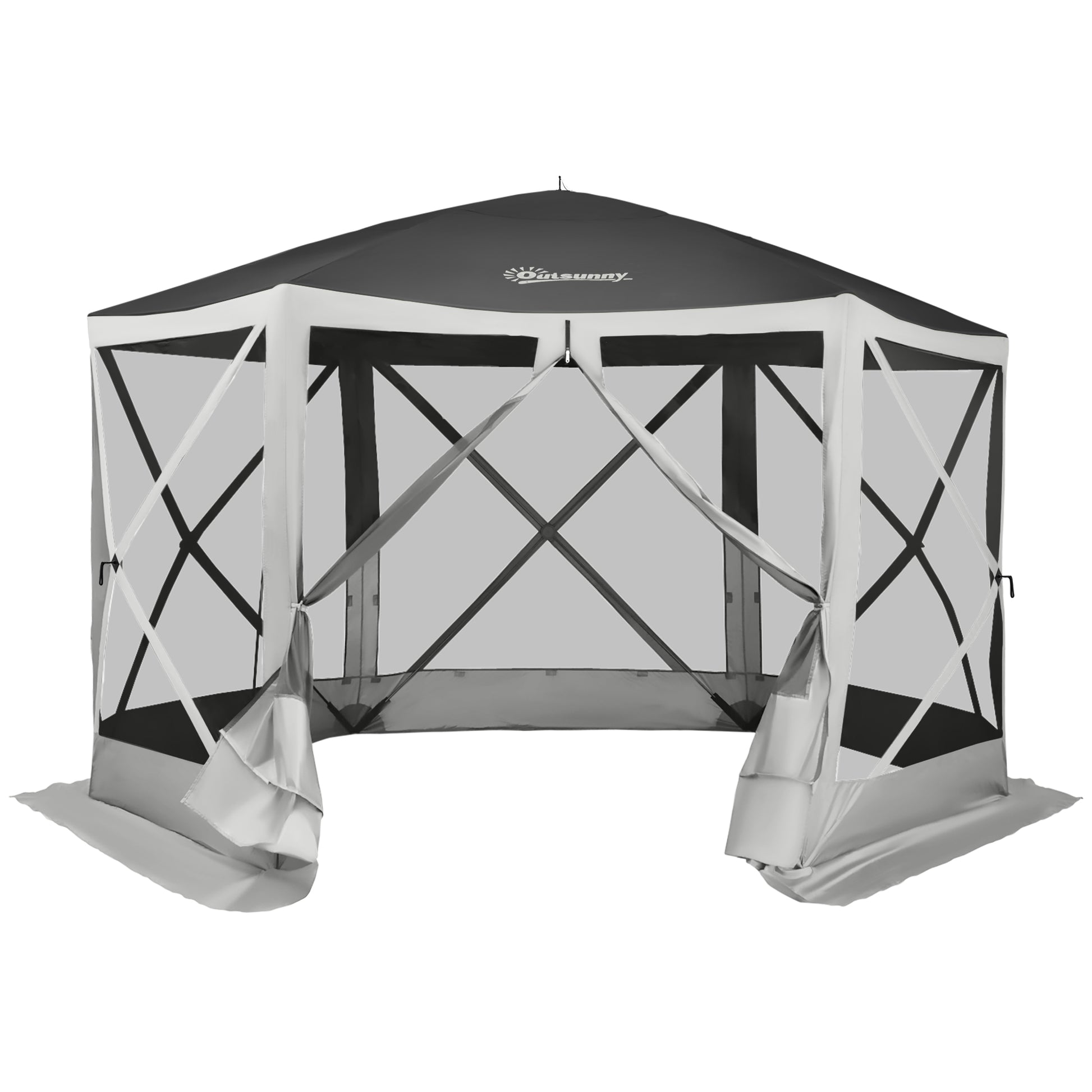 12' x 12' Hexagon Automatic Pop Up Screen Tents Camping Shelter Picnic Canopy with Mesh Sidewalls and Carry Bag, Grey