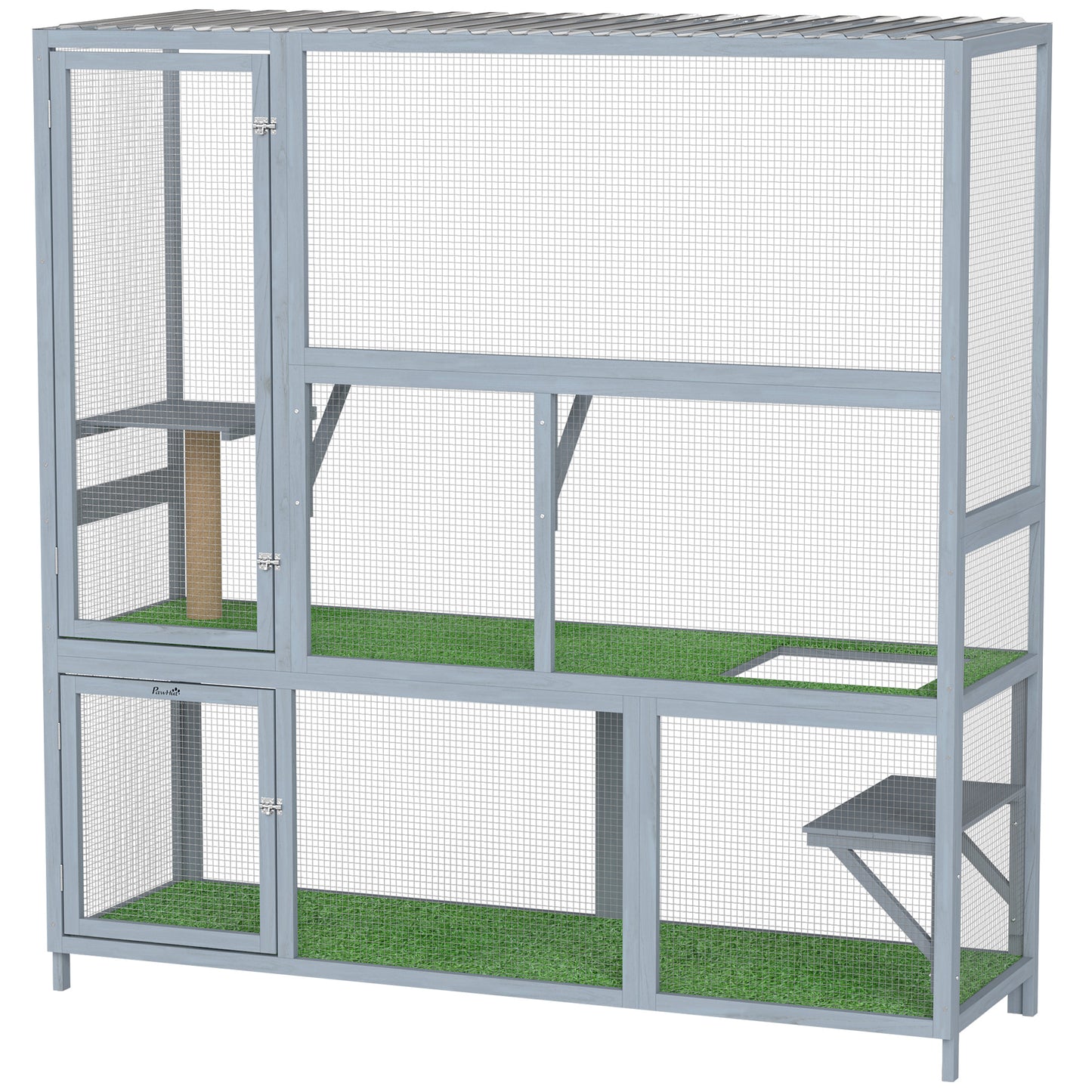 Catio Outdoor Cat Enclosure, 77" H Wooden Cat House with Weatherproof Roof, Platforms and Scratching Post