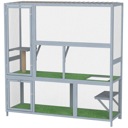 Catio Outdoor Cat Enclosure, 77" H Wooden Cat House with Weatherproof Roof, Platforms and Scratching Post