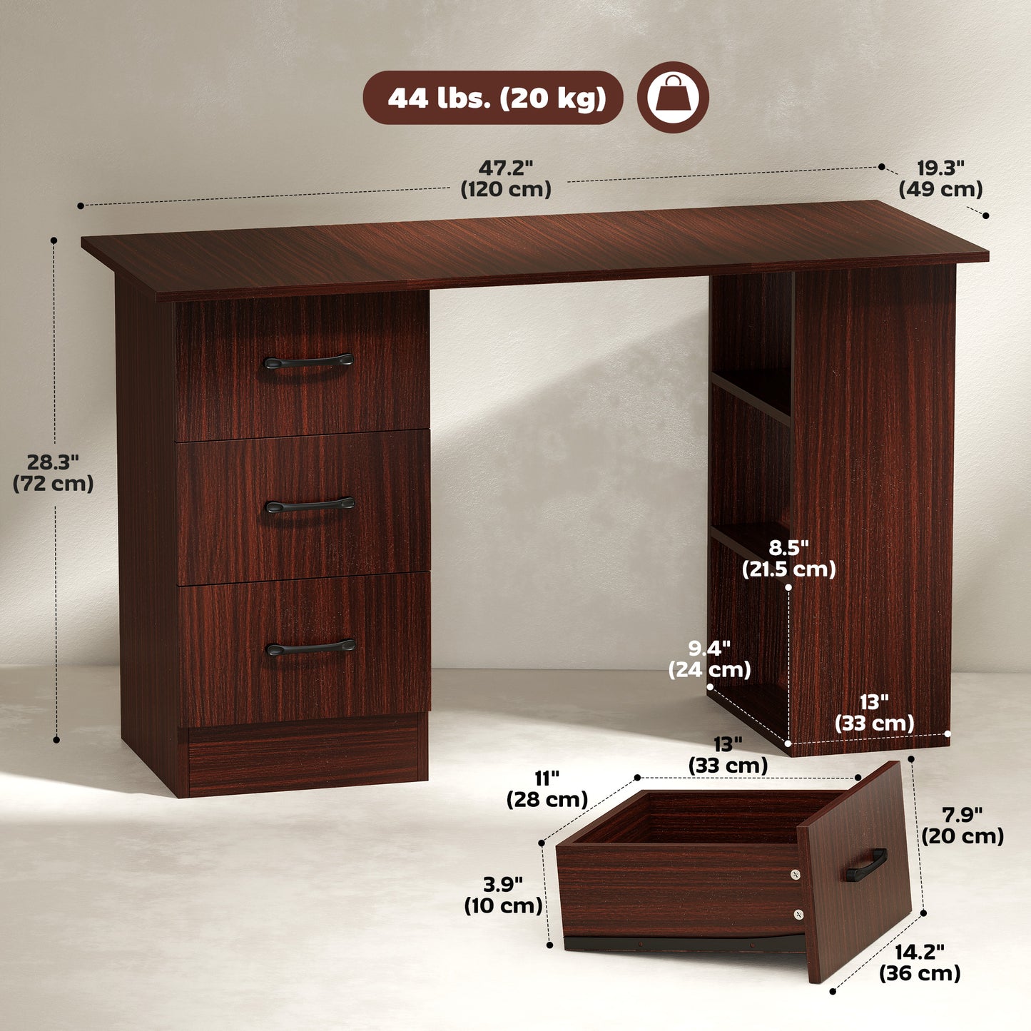 Computer Desk, 47" Writing Table with 3-Tier Shelves and 3 Reversible Drawers for Home Office, Bedroom, Walnut