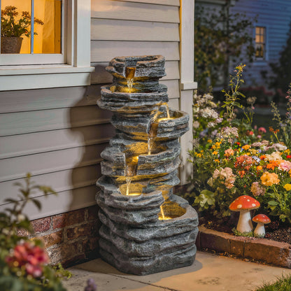 Outdoor 6-Tier Water Fountain, Waterfall Fountain with LED Lights, Resin Waterfall Feature with Pump, Grey