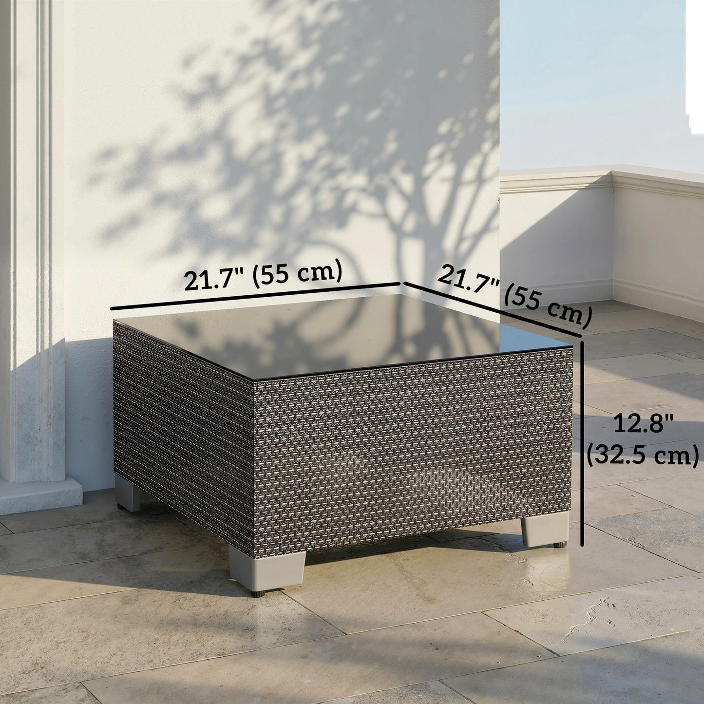 21.7" Square Patio Table, Small Outdoor Patio Coffee Side End Table with Tempered Glass Top, Black