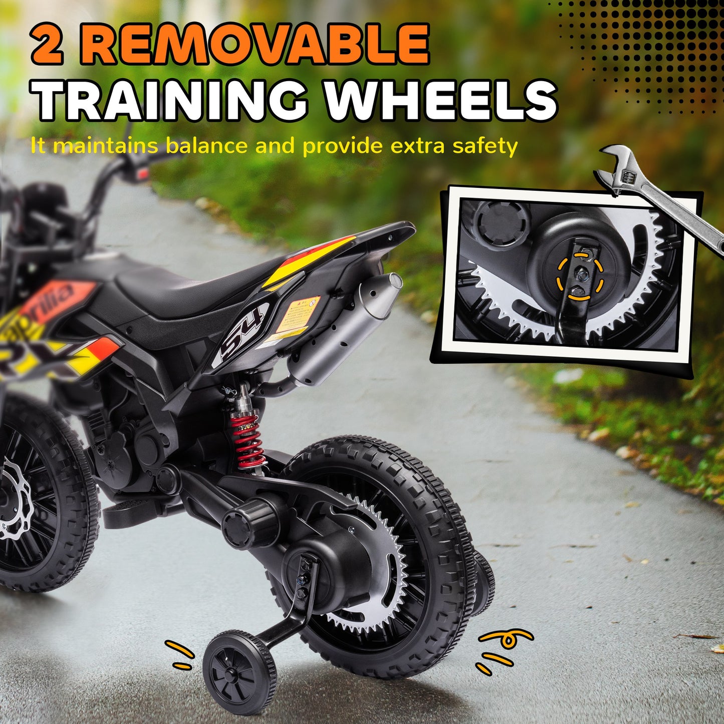 Qaba 12V Aprilia Licenced Kids Electric Motorcycle, Battery-Powered Dirt Bike with Training Wheels for Aged 3-8, Yellow