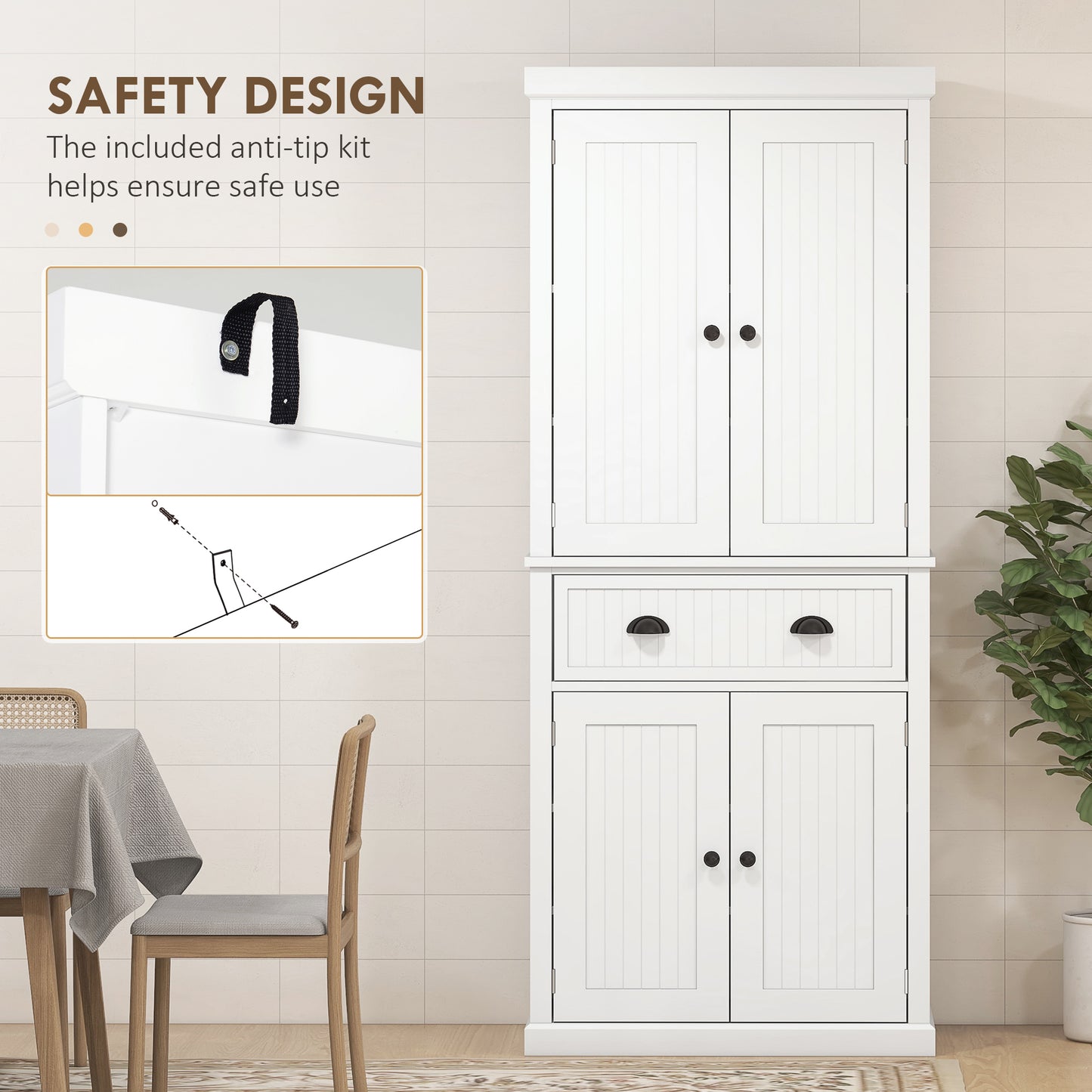 72" Kitchen Pantry, Freestanding Storage Cabinet with Adjustable Shelves, Drawer, Doors, Anti-tip Design, White